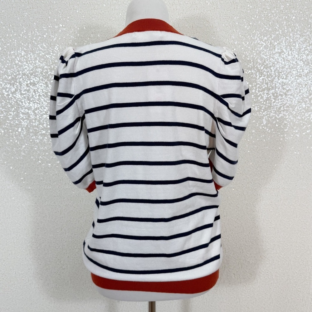 TARSE Striped Puff Sleeve Knit Top Size L Navy White Rusty Red Ribbed Trim - Picture 8 of 10